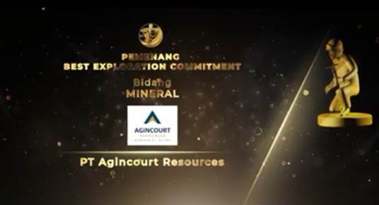 PT Agincourt Resources won the Best Exploration Commitment award for a mineral commodity company, at the IAGI Exploration Awards of 2020, Tuesday, 29 September 2020.