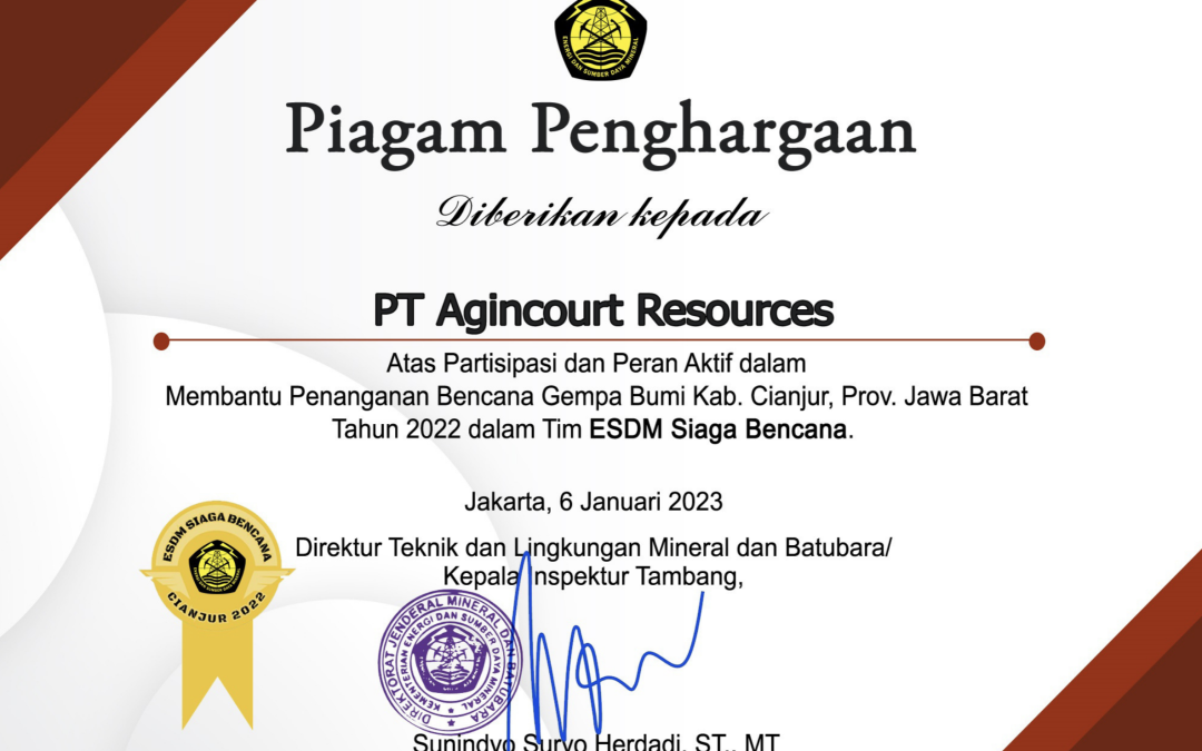 Award for Active Participation and Role in Handling the Cianjur West Java Earthquake Disaster in 2022 in the ESDM Disaster Preparedness Team from the Director of Technical and Environmental Minerals and Coal