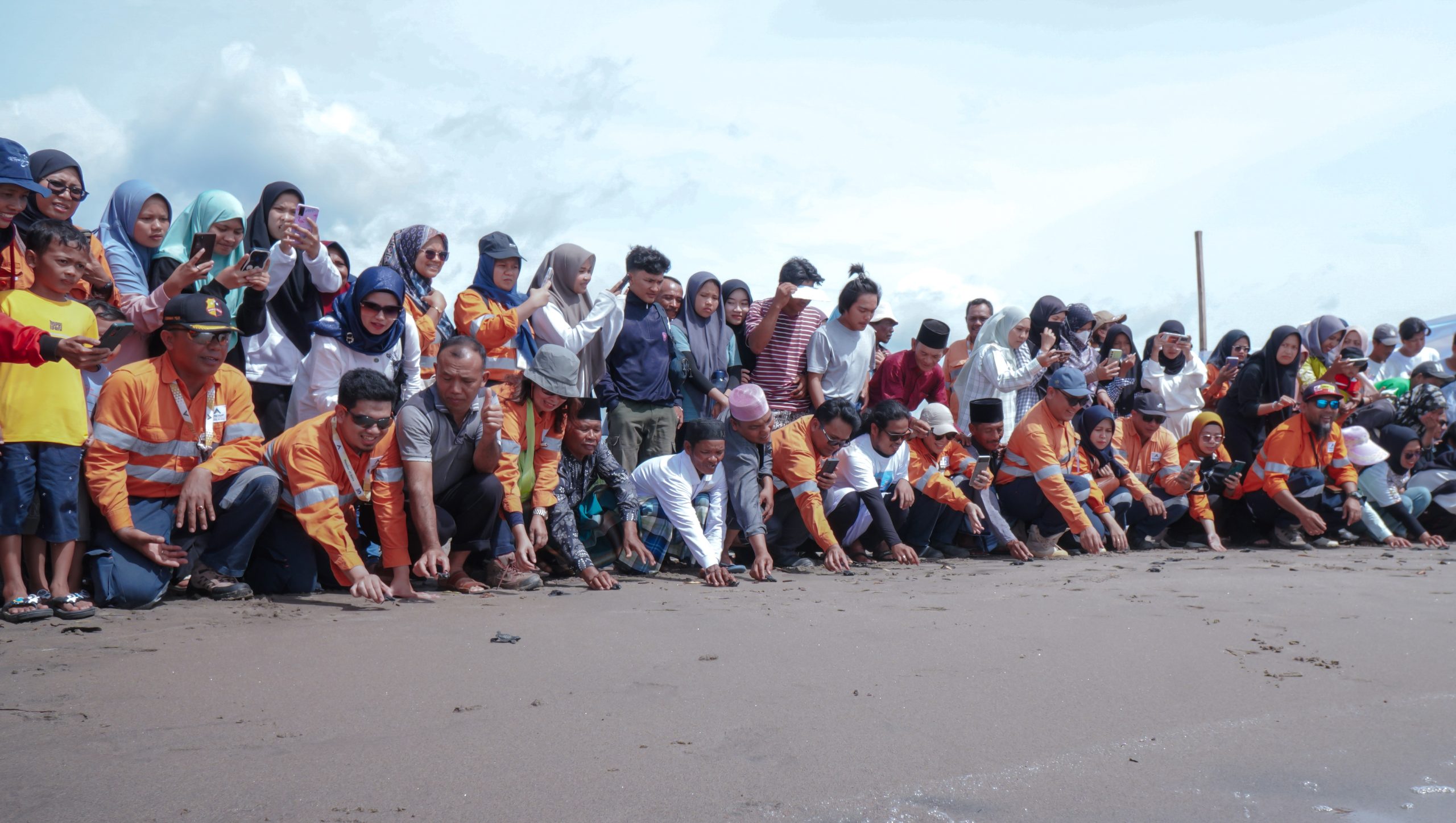 Photo 1: Together with the community and environment lovers, PT Agincourt Resources releases turtle hatchlings on the West Coast of Muara Opu, Batangtoru District, South Tapanuli, on Sunday (7/1/2024). (Doc : PTAR)