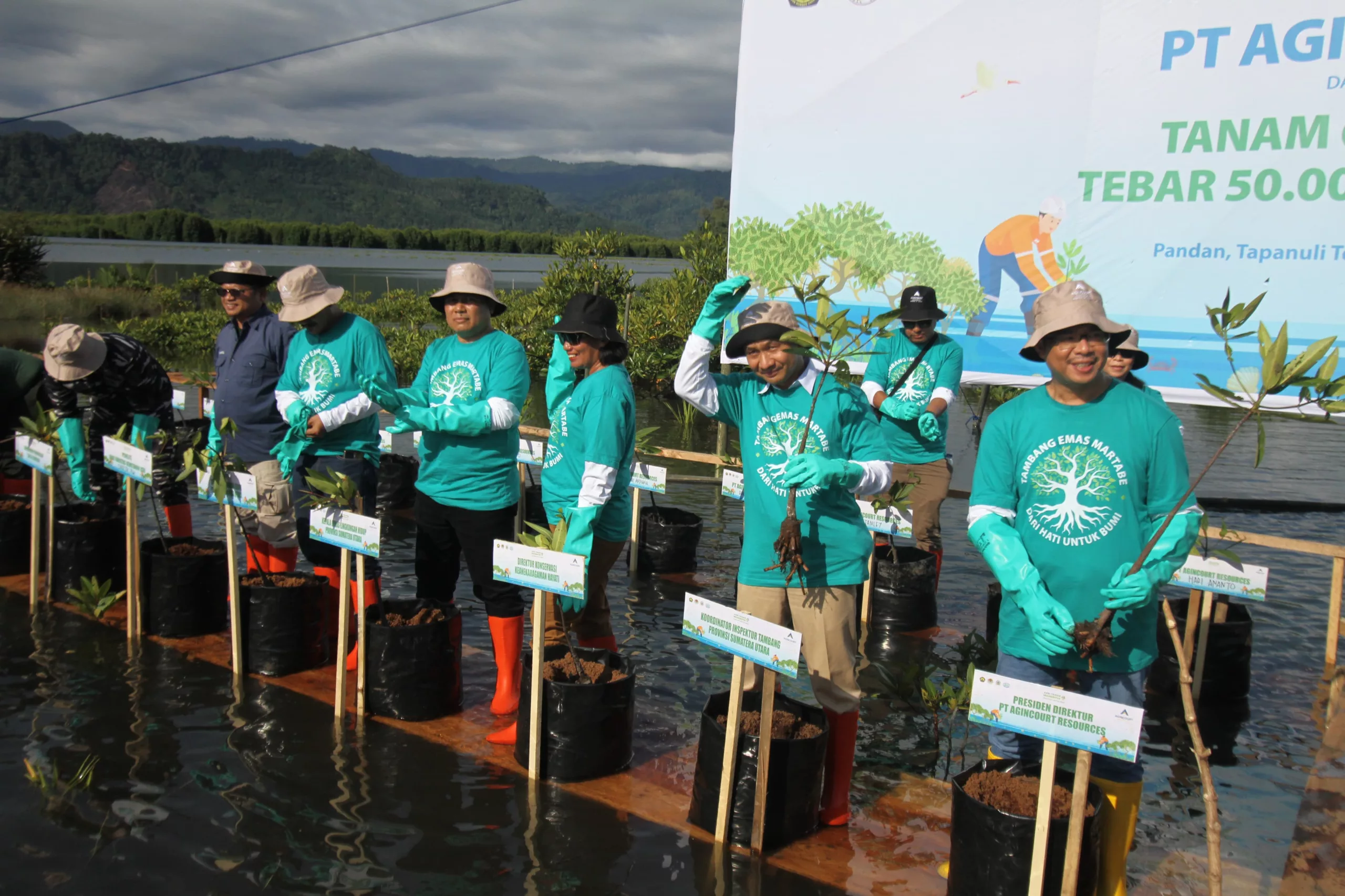 Photo 1: President Director of PT Agincourt Resources, Muliady Sutio, (right) and Coordinator of Mine Inspectors of North Sumatra Province, Suroyo, (second from right) symbolically planted mangroves in the Mangrove Planting Action of 60,000 mangrove seedlings in Pandan, Central Tapanuli, Monday (3/6/2024). (Doc: PTAR)