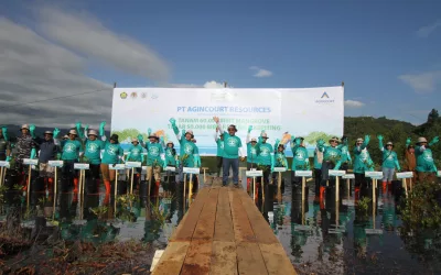 Photo 2: PT Agincourt Resources planted 60,000 mangrove seedlings on 19 hectares of land in Pandan, Central Tapanuli, to protect the environment and sustainability of coastal ecosystems. The symbolic planting was held on Monday (3/6/2024). (Doc: PTAR)